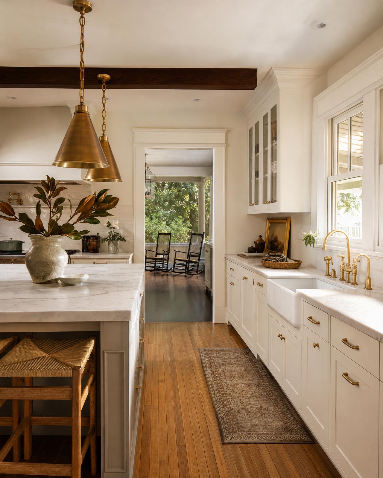 Renovated Atlanta kitchen with marble island, brass pendants, and original hardwood floors